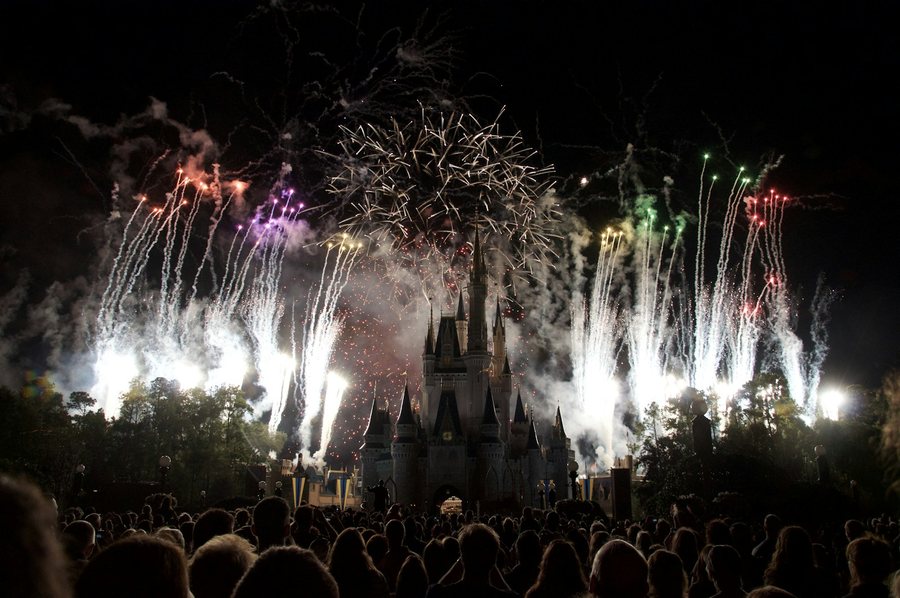 Fireworks over a Disney castle at night